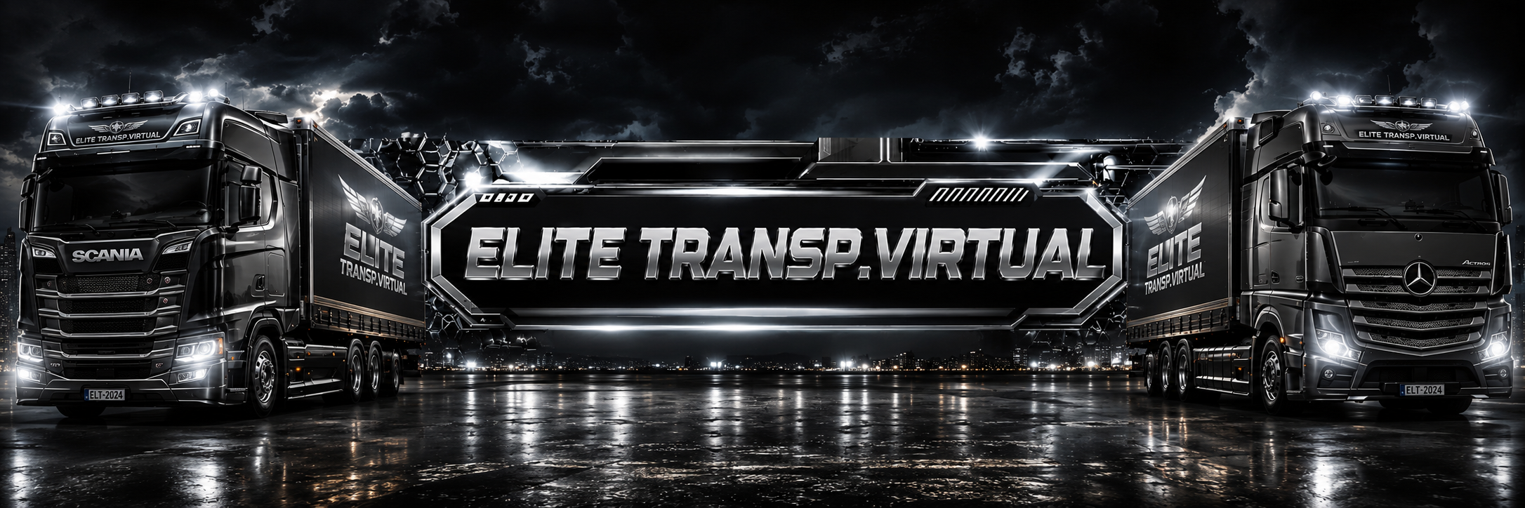 Caminhões da Elite Transportes Virtual em uma estrada molhada à noite