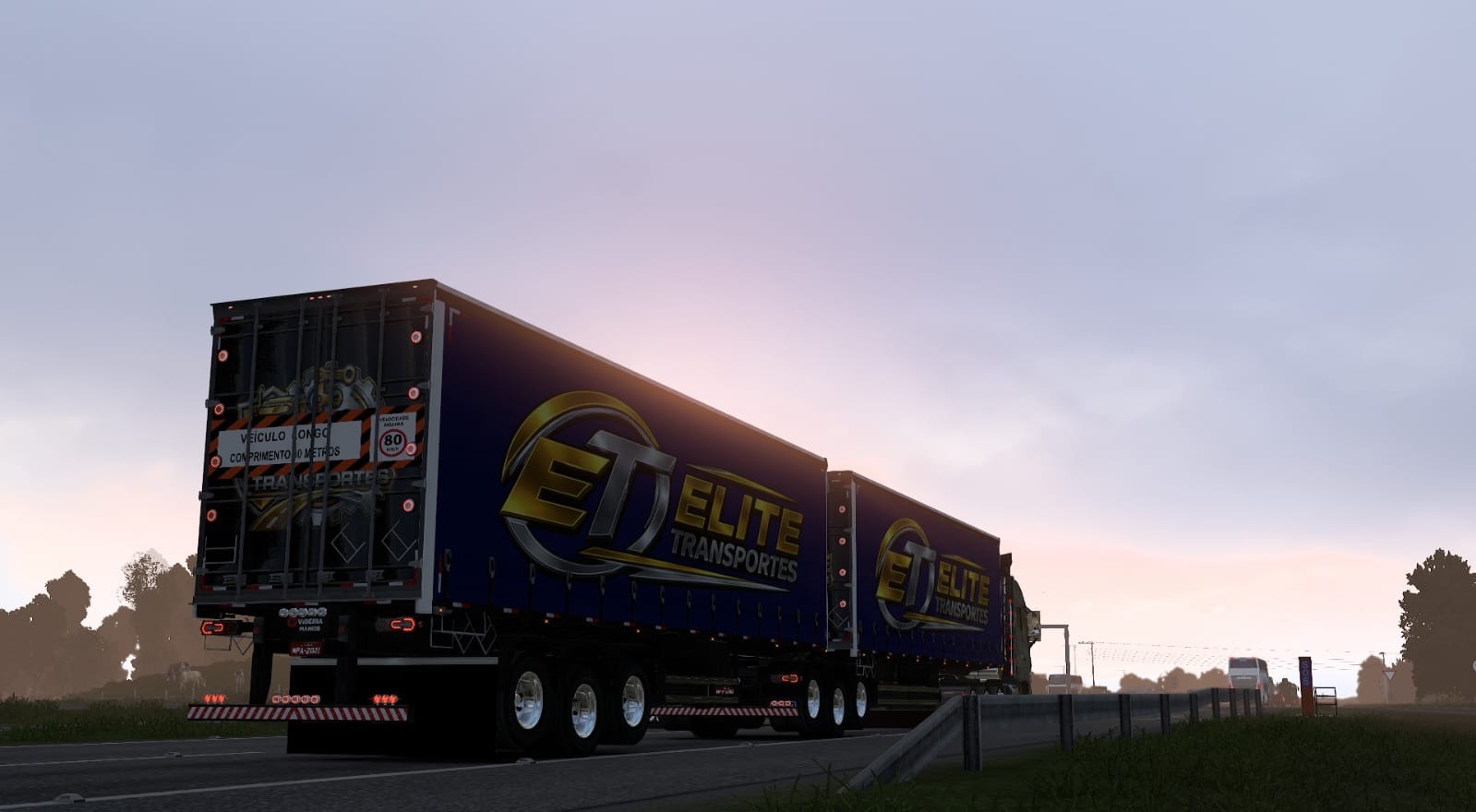 Bitrem com a pintura da Elite Transportes seguindo pela rodovia ao entardecer