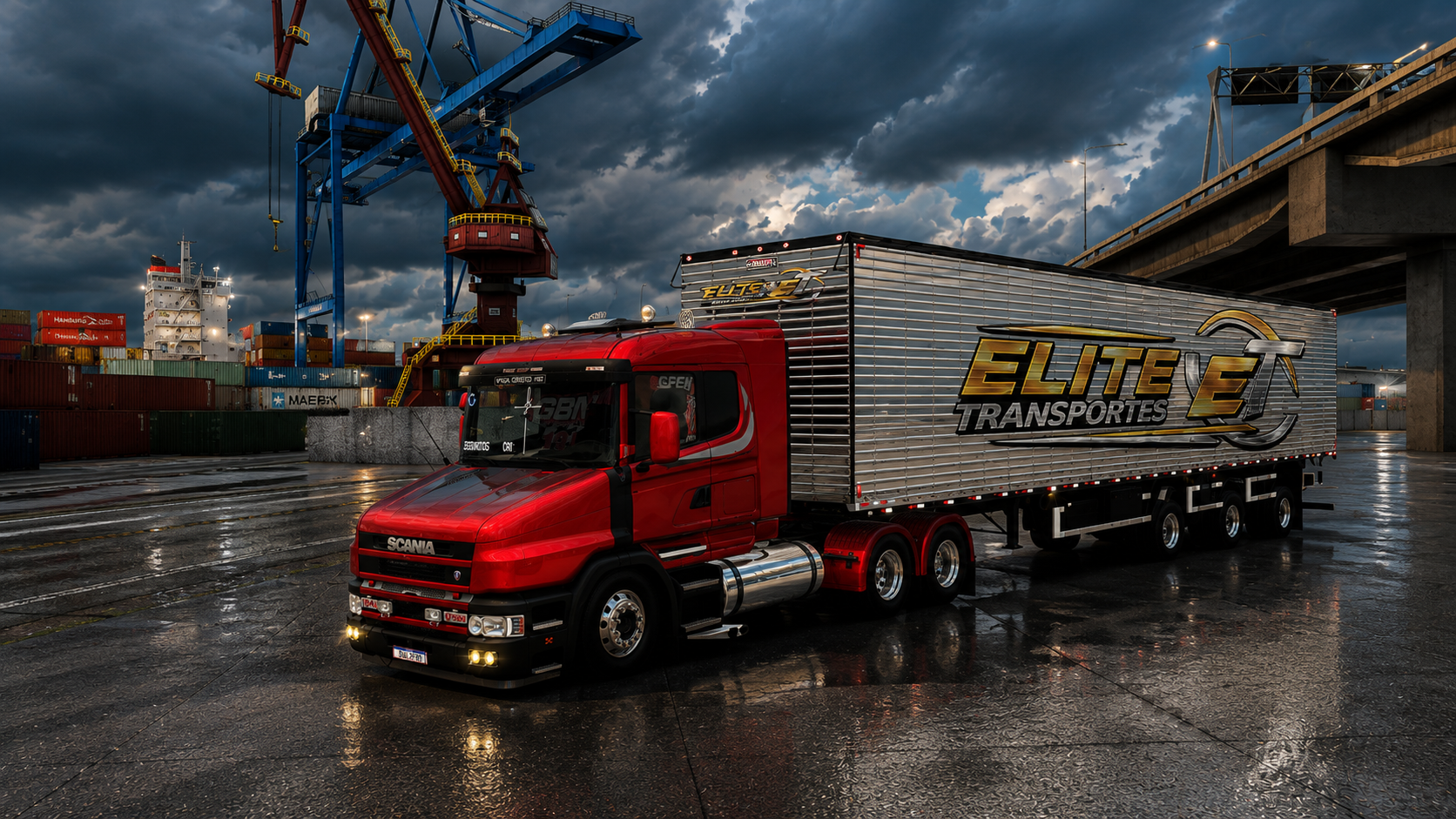 Scania vermelho da Elite Transportes estacionado em uma área portuária